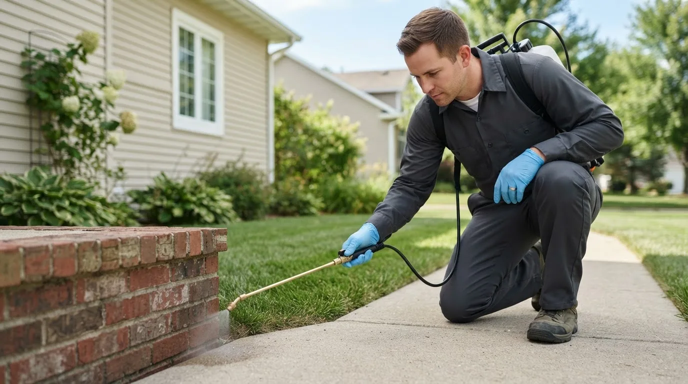 Pest control technician treating a home near Amagansett, NY